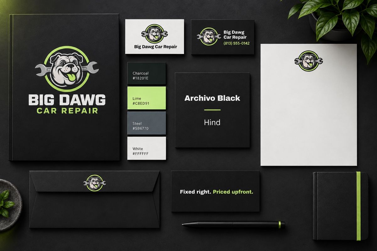 Brand identity kit with logo, colors, typography, and stationery