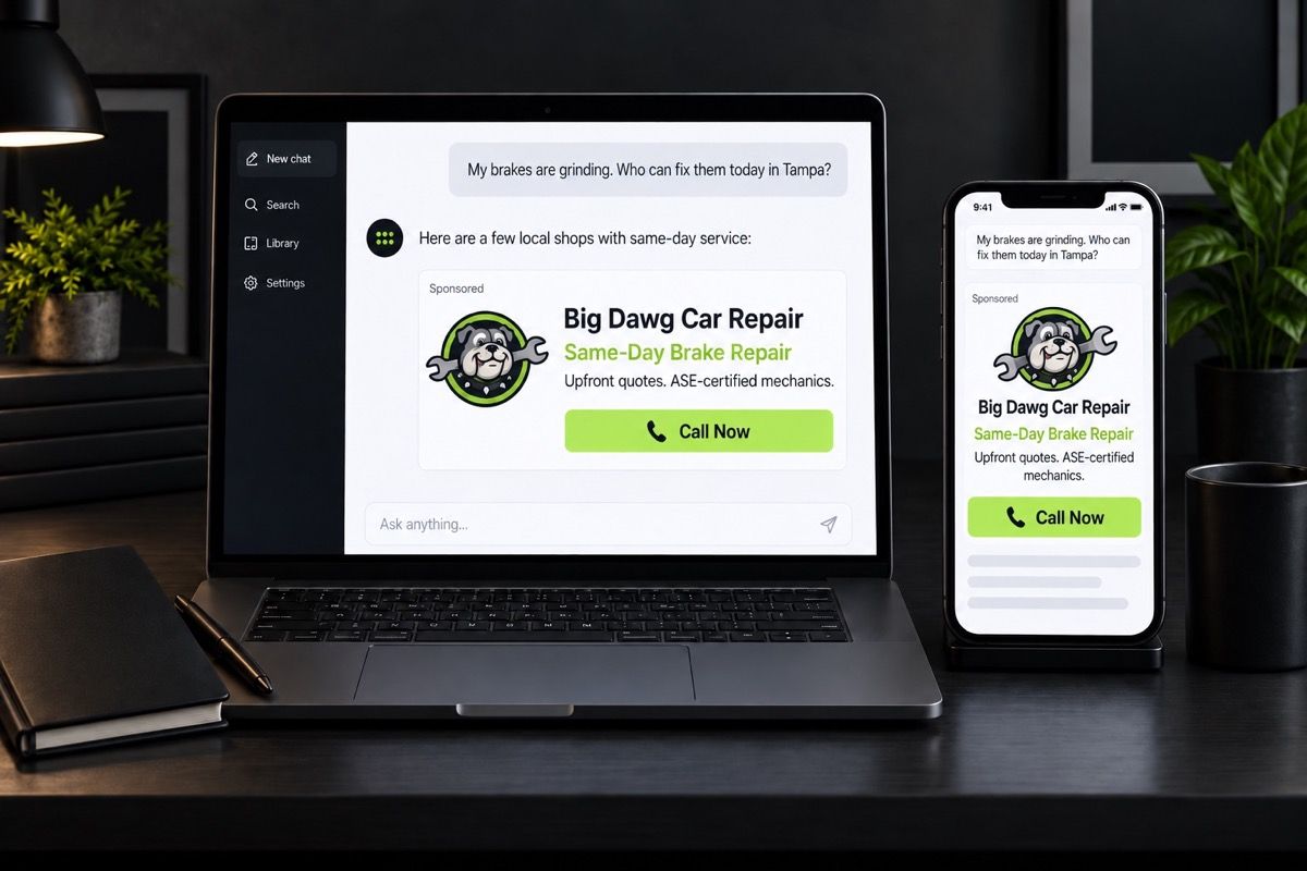 Illustration: a fictional car repair shop's ad shown under an AI chat answer, on a laptop and a phone