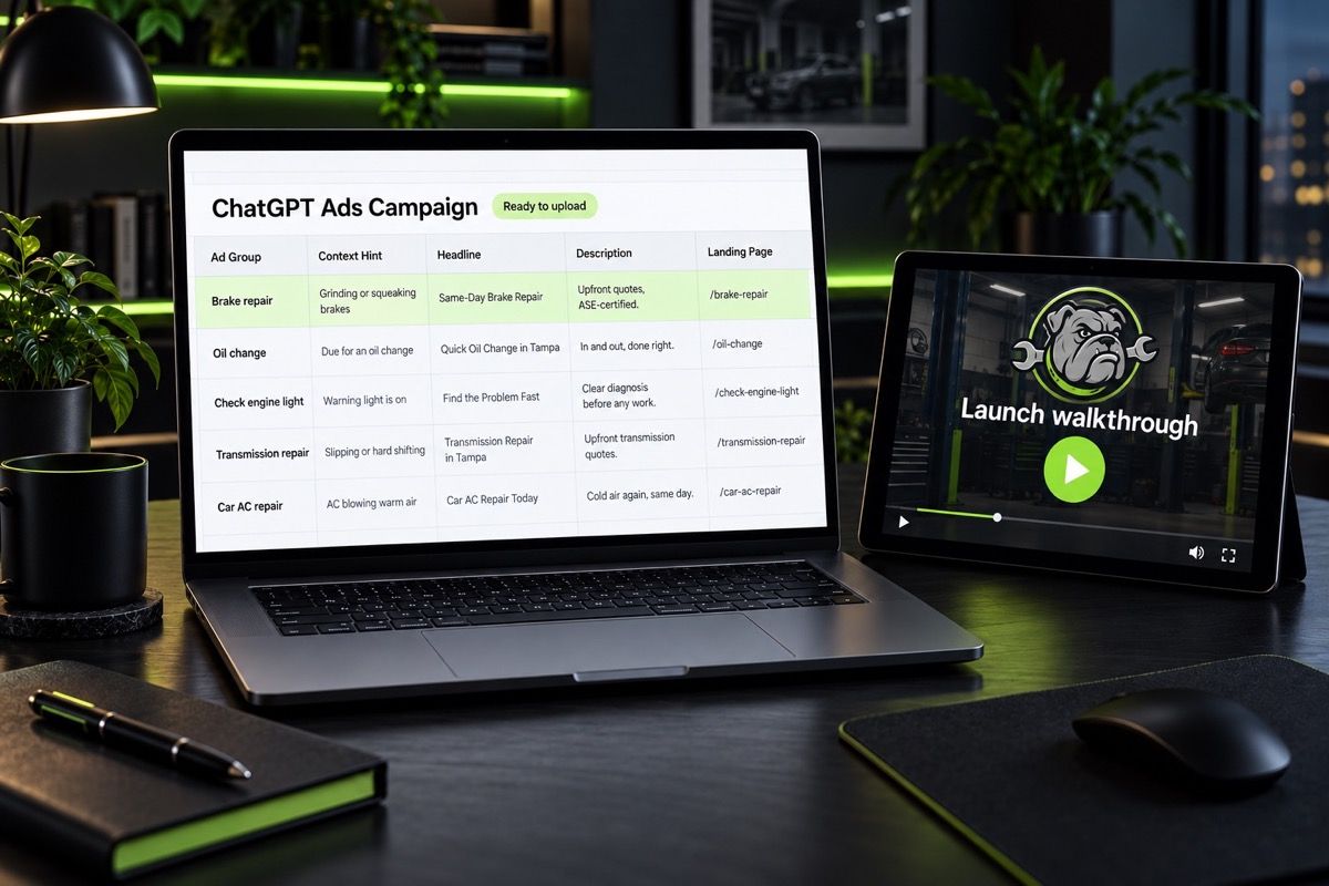 Illustration: the ready-to-upload ChatGPT Ads campaign sheet and the launch walkthrough video